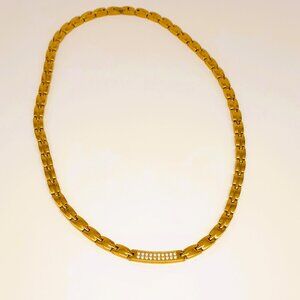 Titanium Magnetic Link Necklace 21" Pave Crystal Pendant Gold Tone